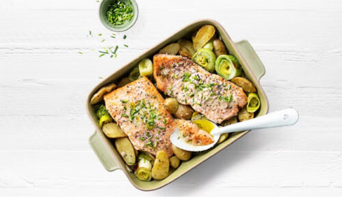 Creamy salmon, leek & potato traybake